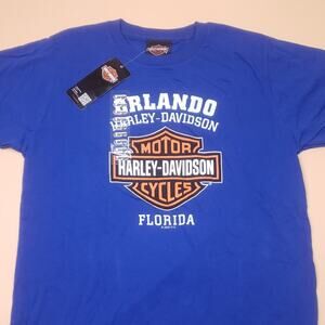 BNWT Harley Davidson Motorcycles Orlando Florida Logo Spellout T Shirt Y/L Blue